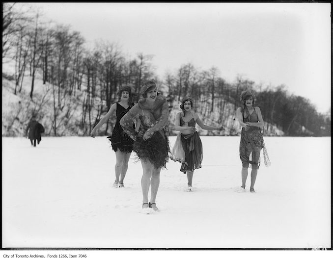 Dancers, four in snow, close. - February 4, 1926