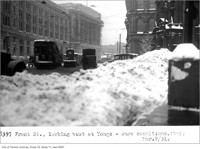 Creator: Alfred J. Pearson Date: March 9, 1931- Front St, looking west, at Yonge - snow conditions,