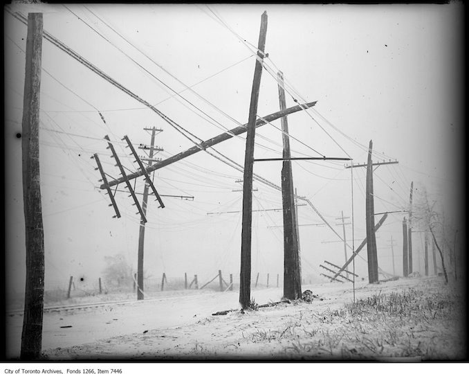 Storm photos, broken poles, Hamilton Highway, Mimico Creek. - March 31, 1926