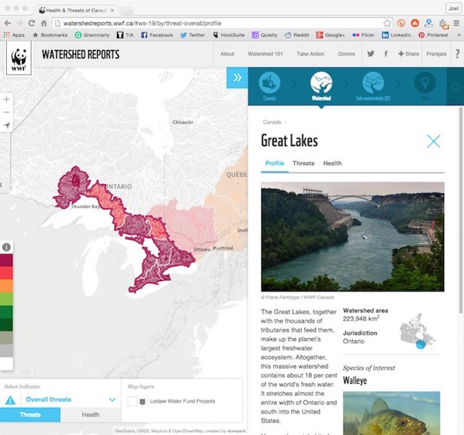 Specific watershed selected, report and info on right side.