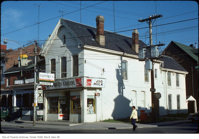 View of variety store at the north-west corner of Ontario and Dundas Street East - May 13, 1977