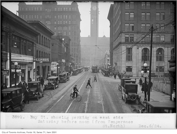 Photo: Alfred J. Pearson - December 6, 1924 - Bay St, showing parking, on east side, Saturday, before noon, (from Temperance St, north) - Vintage Bicycle Photographs