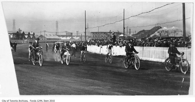 Bicycle race paced by motorcycles, CNE. - [ca. 1920] - Vintage Bicycle Photographs