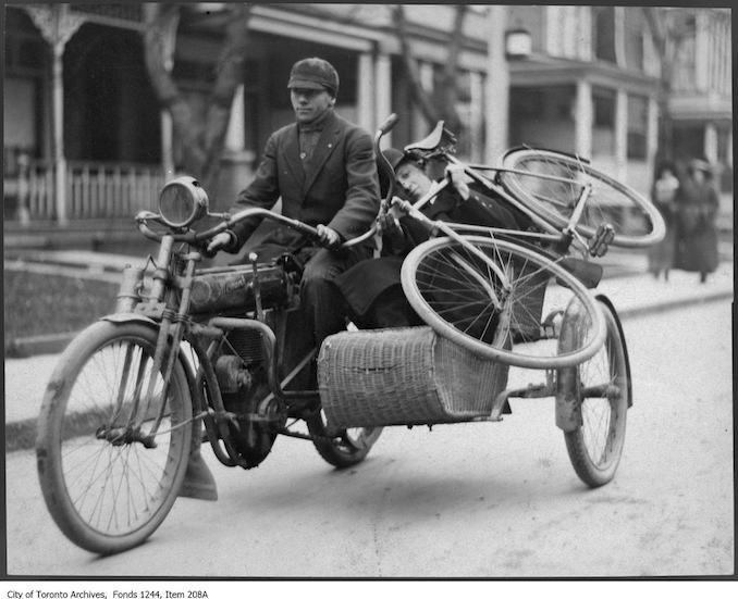 Bill and Joe James in a motorcyle with side car. - [1910?] - Vintage Bicycle Photographs