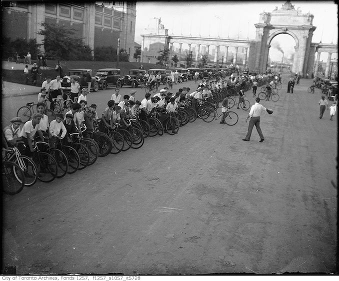 Cyclists lined up for race, CNE - Vintage Bicycle Photographs