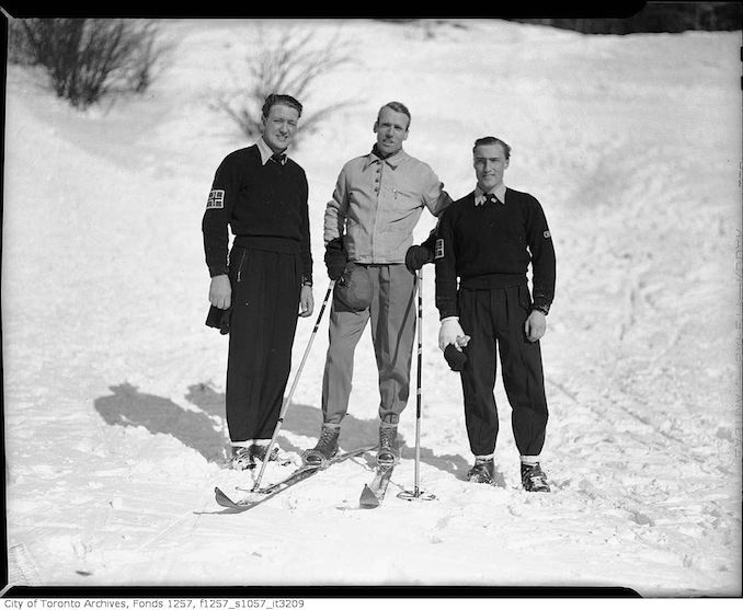 Fred Jackson, with two unidentified men, on skis - vintage skiing photographs