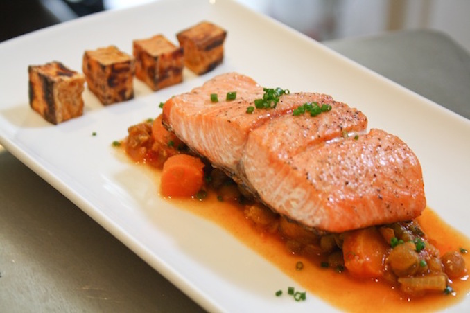 Arctic Char, with Spiced Lentils, Parsley and Sweet Potato Cubes