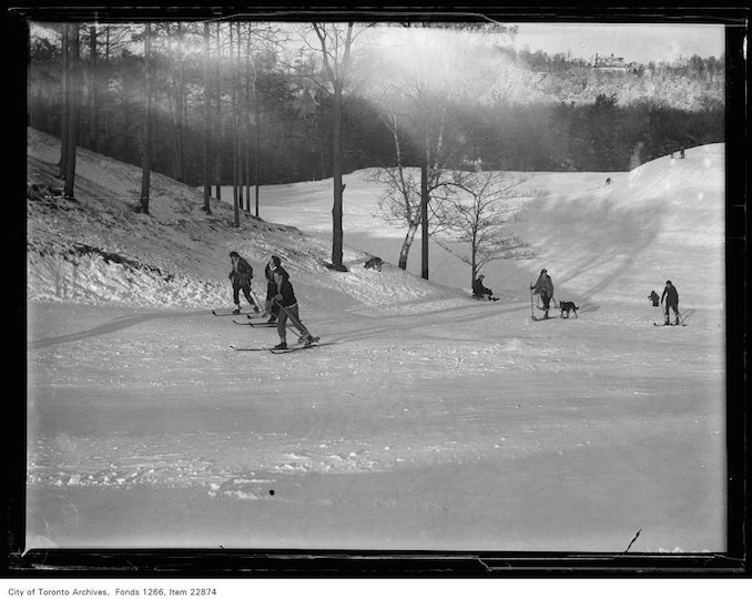 Rosedale Golf [Course], general view, skiers foreground - January 7, 1931 - vintage skiing photographs