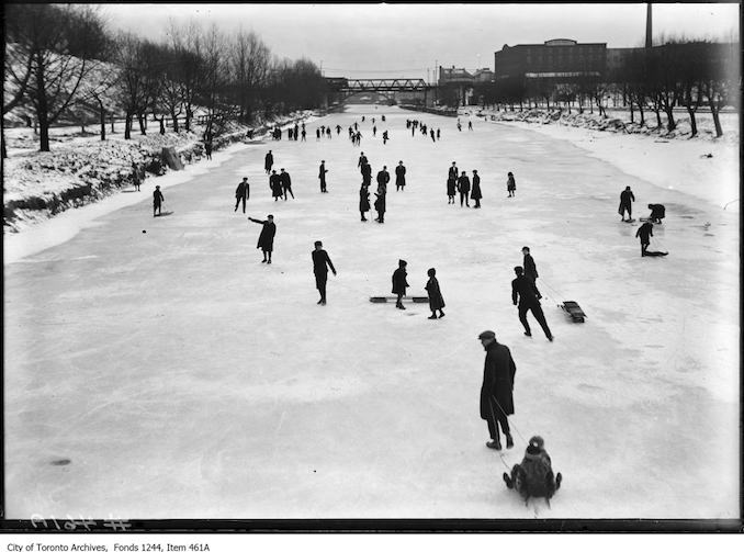 Skaters on Don River, looking south from Riverdale Park. - [between 1900 and 1930]