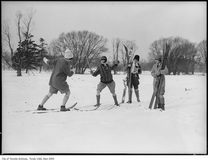 Ski-ing, girls fencing on skis. - January 17, 1926 - vintage skiing photographs