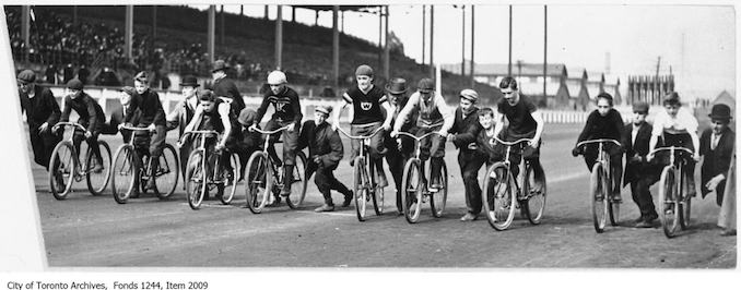 Start of first heat of schoolboys' bicycle race, CNE Grandstand. - [ca. 1926] - Vintage Bicycle Photographs