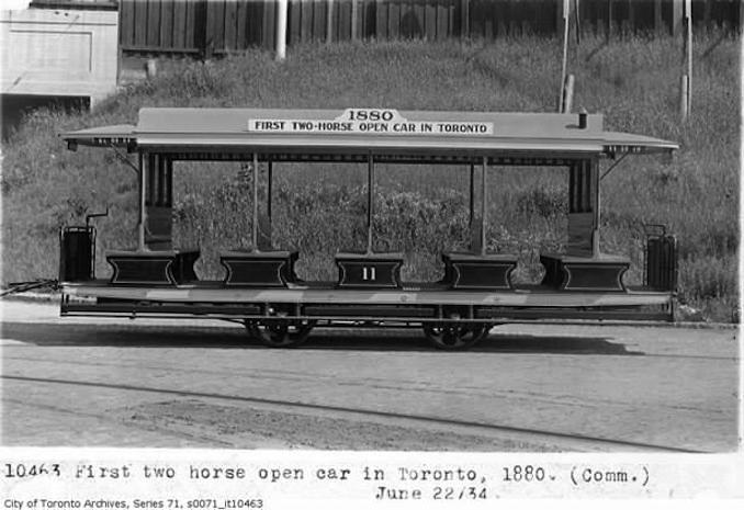 First two horse open car in Toronto, 1880.