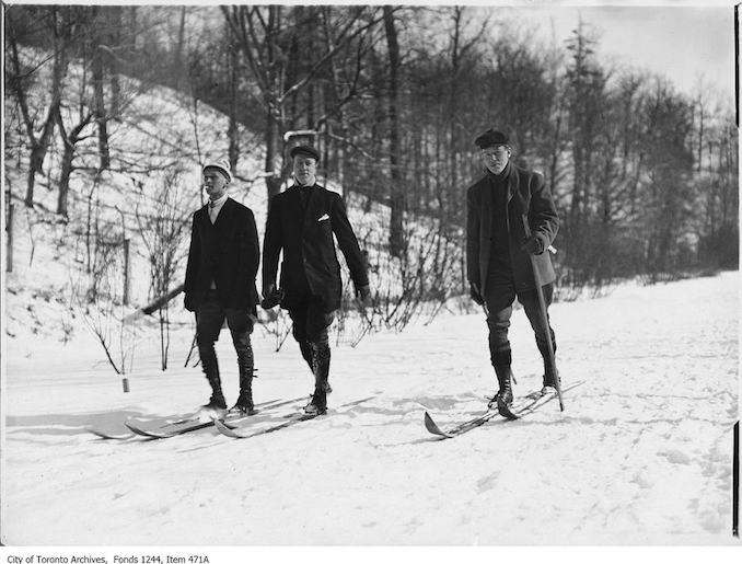 Three members of the Toronto ski club in Rosedale Ravine - from left, Norman Smallpiece, R. B. Chillas, & George Vartie(Sec.). - 1908 - vintage skiing photographs