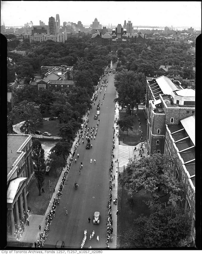 Aerial view of Orange Parade on University Avenue, looking south to Queen's Park 1930-1950