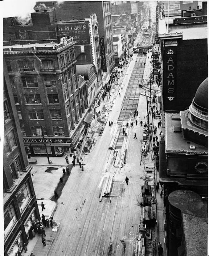 Aerial view of Yonge Street, showing decking [ca. 1949]