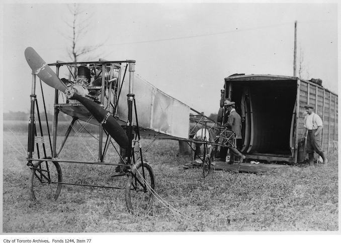 Bleriot monoplane. - 1910 - photograph of an airplane. Information provided by a researcher indicates that the airplane is probably Count Jacques de Lesseps' Bleriot IX mono-plane with 3-cylinder Anzani engine, named Scarabee, and that the event is probably the Ontario Motor League Aviation Meet held at Trethewey Model Farm, Weston, July 8-16, 1910.