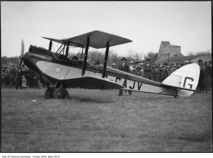 Gypsy Moth airplane. - [ca. 1929] - photograph. A note says the plane is sister to the one presented by Sir Chas. Wakefield, ex-mayor of London, to Toronto Flying Club.