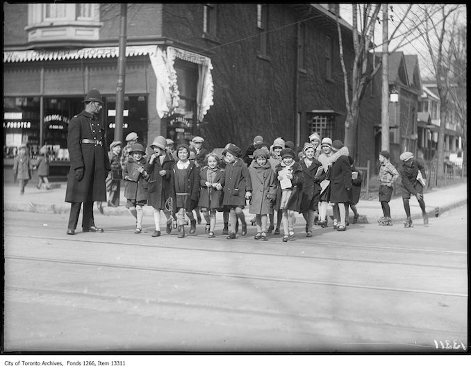 Kid's Safety Club, policeman and girls. - April 25, 1928