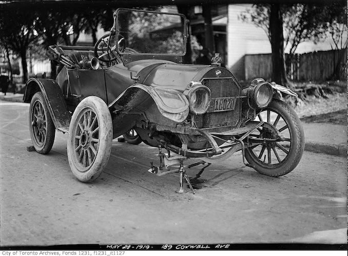 Old Overland car after accident on Coxwell Avenue may 28 1919