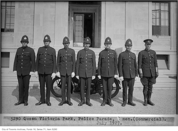 Queen Victoria Park, police parade, 8 men, (Commercial Department) Date: July 1927