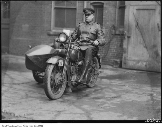 Toronto Police Force, P. S. Kenneth Gibb, on motorcycle, front. - March 12, 1929