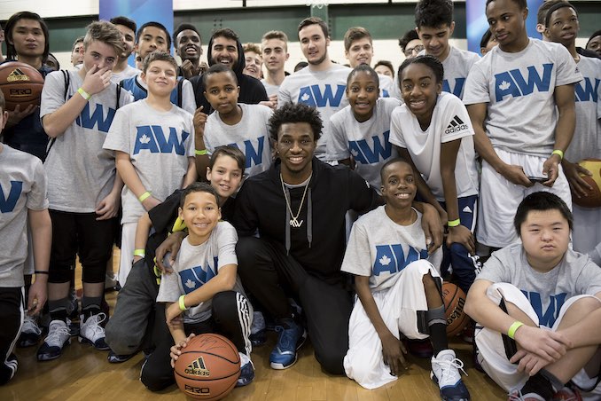 THORNHILL, ON - February 13, 2016: adidas athlete Andrew Wiggins of the Minnesota Timberwolves makes an appearance at the Dufferin Community Center where he played as a youth. (Photo by Joe Martinez/adidas) for Toronto NBA All-Star Weekend