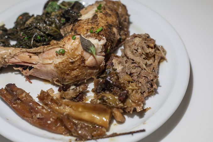 Boar with Smoke Juniper, Chicken kissmeyer, roots with brussel sprouts and sauerkraut, kale