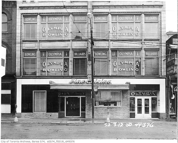 1950 - 331-333 Yonge Street, occupied by Le Coq d'Or Tavern, 333 Yonge Street, with Olympia Bowling and Billiards on the 2nd floor, 331 Yonge Street