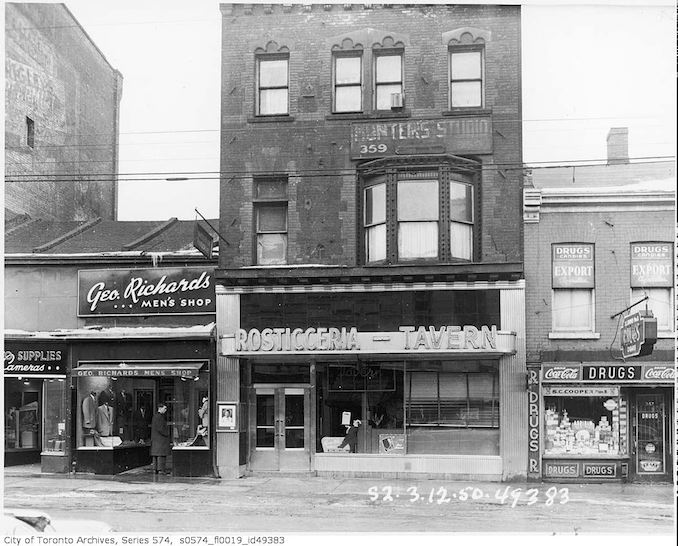 1950 - 357-361 Yonge Street, occupied by S.C. Cooper Drugs, 357 Yonge Street, Rosticceria-Tavern, 359 Yonge Street, and Geo. Richards Men's Shop, 361 Yonge Street