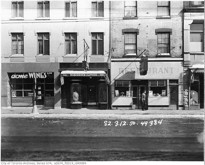 1950 - 367-371 Yonge Street, occupied by the Dominion Grill, 367 Yonge Street, Robinson's Clothes, 369 Yonge Street, and Acme Wines Ltd, 371 Yonge Street