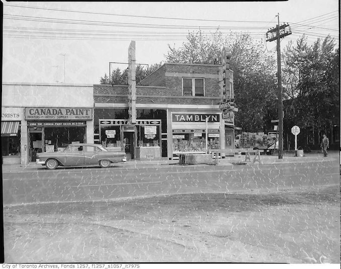 1958 - G. Tamblyn Ltd., drug store, 2772 Bloor Street West, New Kingsway Restaurant, 2994 Bloor Street West, and Canada Paint Co. Ltd., 2998 Bloor Street West, north side at Willingdon Boulevard