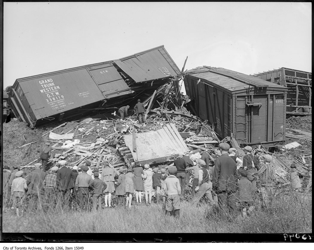 Danforth train wreck, wrecked freight cars. - September 29, 1928