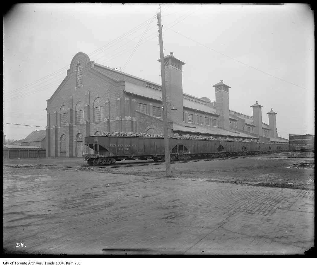 Exterior of Purifying House, Station B, Eastern Avenue, with loaded coal trains from Pennsylvania. - 1923