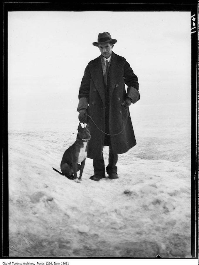 Kew beach ice scenes, JHB and dog Tinker. - January 27, 1929