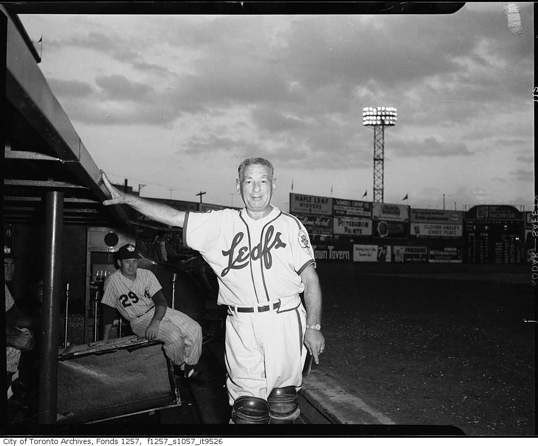 Nat Turofsky wearing Toronto Maple Leaf Baseball Club uniform, Maple Leaf Stadium 1940-1960