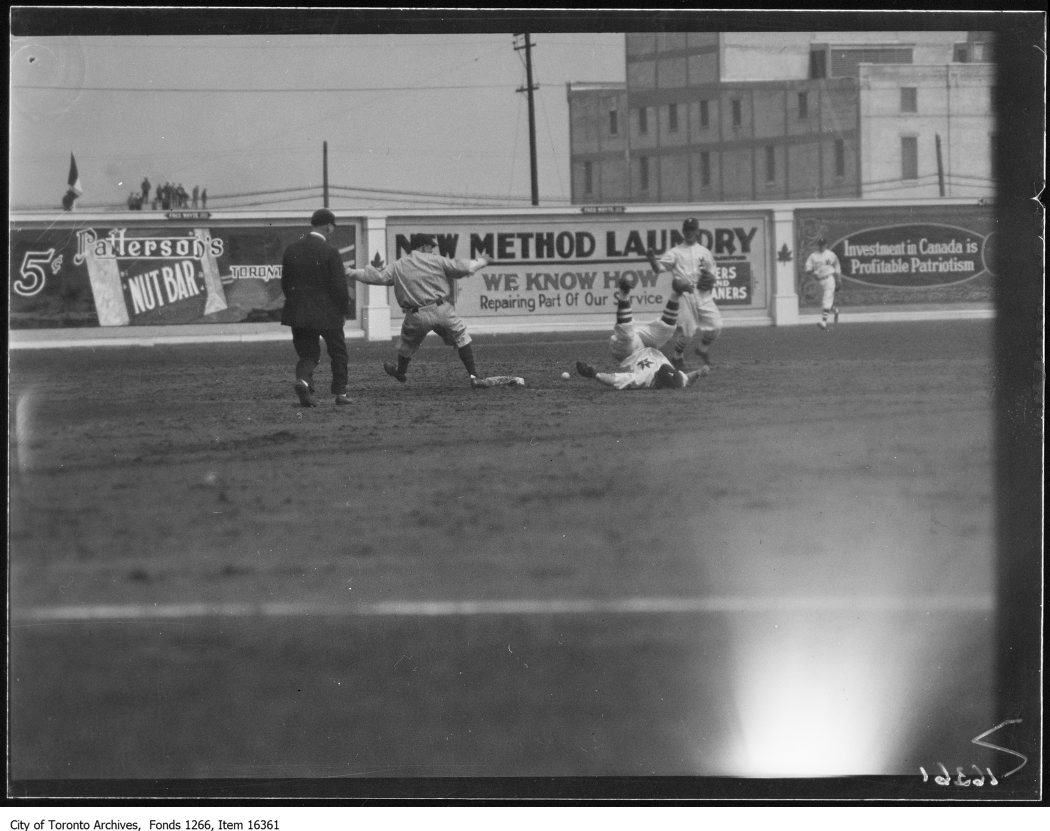 Opening ball game, Burke, Toronto, upside down, Larotte, Baltimore safe on 2nd. - May 1, 1929