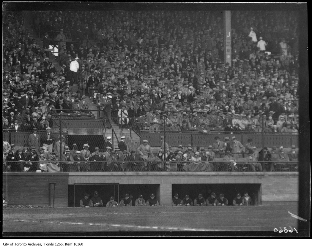 Opening ball game, crowd scene, Leafs' dugout. - May 1, 1929