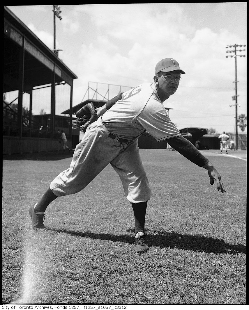 Pitcher Jim Konstanty of the Toronto Maple Leafs Baseball Club, at spring training camp, Florida 195?