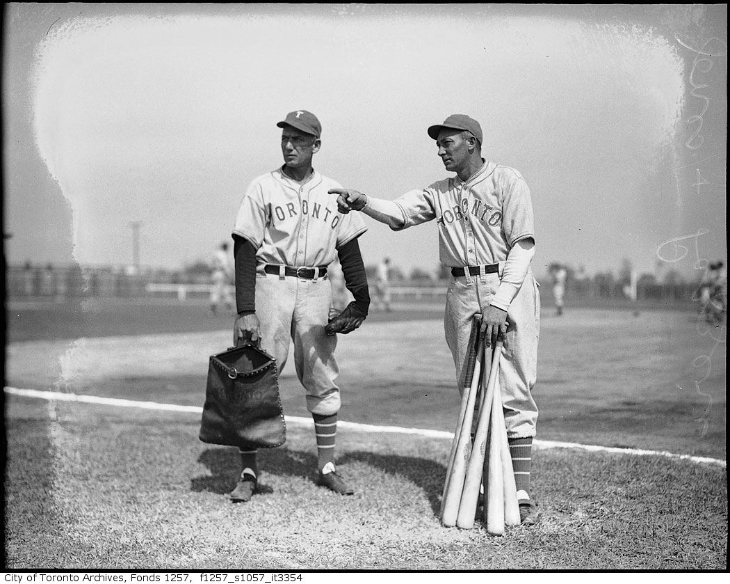 Tony Lazzeri, Toronto Maple Leafs Baseball Club manager, and player Sam Jones at spring training camp 1939 1940