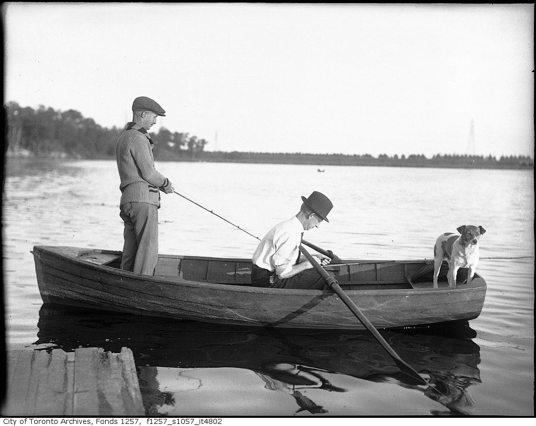 Vintage Two People Fishing Gouache of Two Fisherman in Green Canoe Fishing  -  Canada