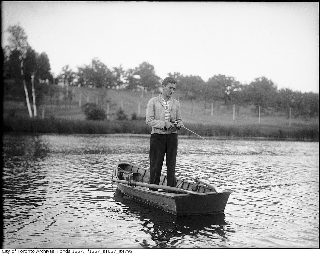 Vintage Two People Fishing Gouache of Two Fisherman in Green Canoe Fishing  -  Canada