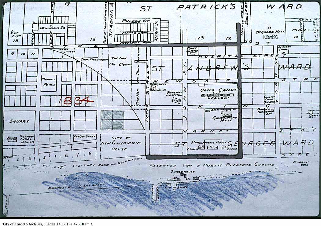 1834 - Map of downtown Toronto east of Peter 1