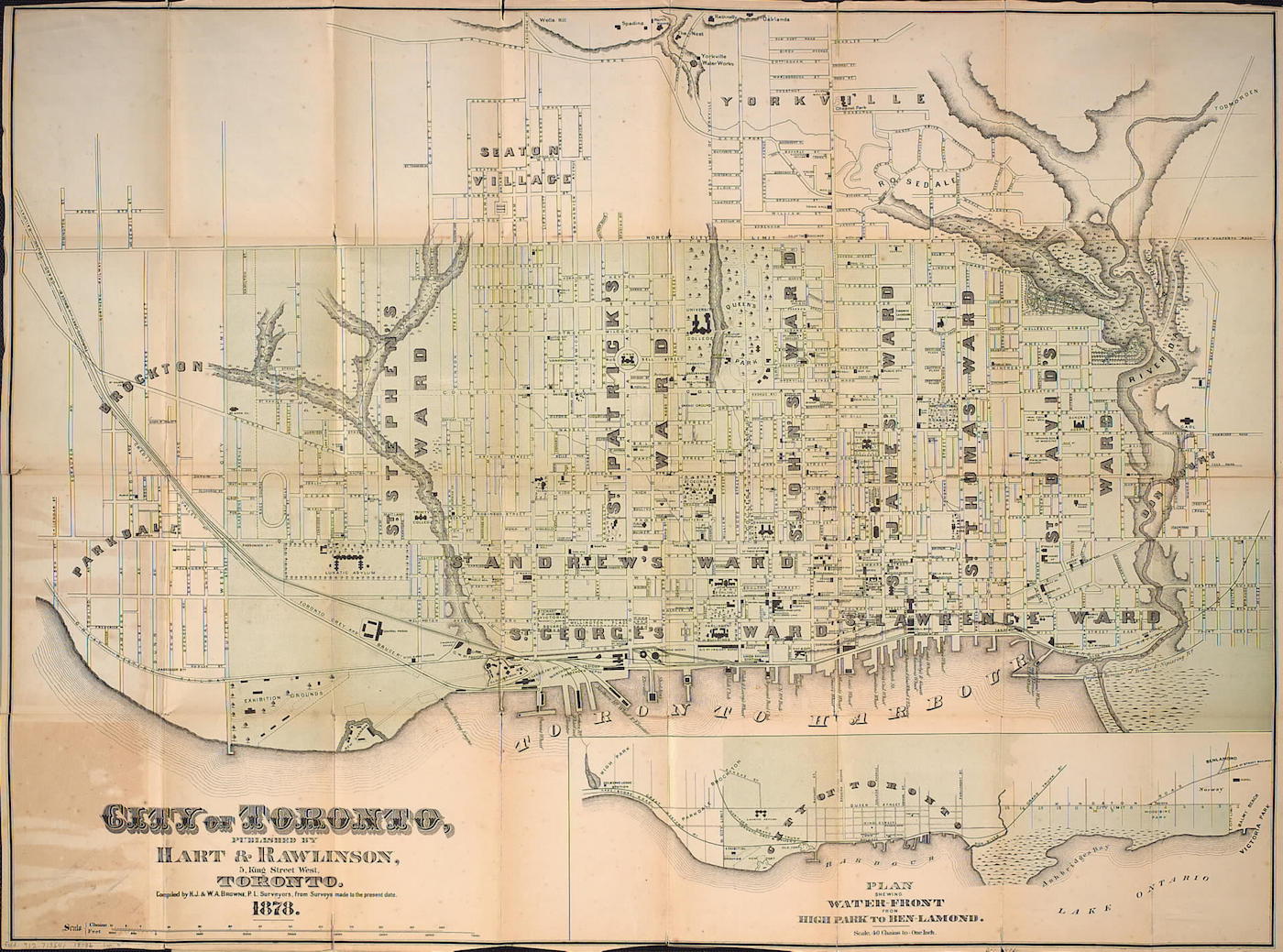 1878 - Hart & Rawlinson's Map of the City of Toronto, with Suburbs of Yorkville, Parkdale, Seaton Village, Brockton, and Ben-Lamond