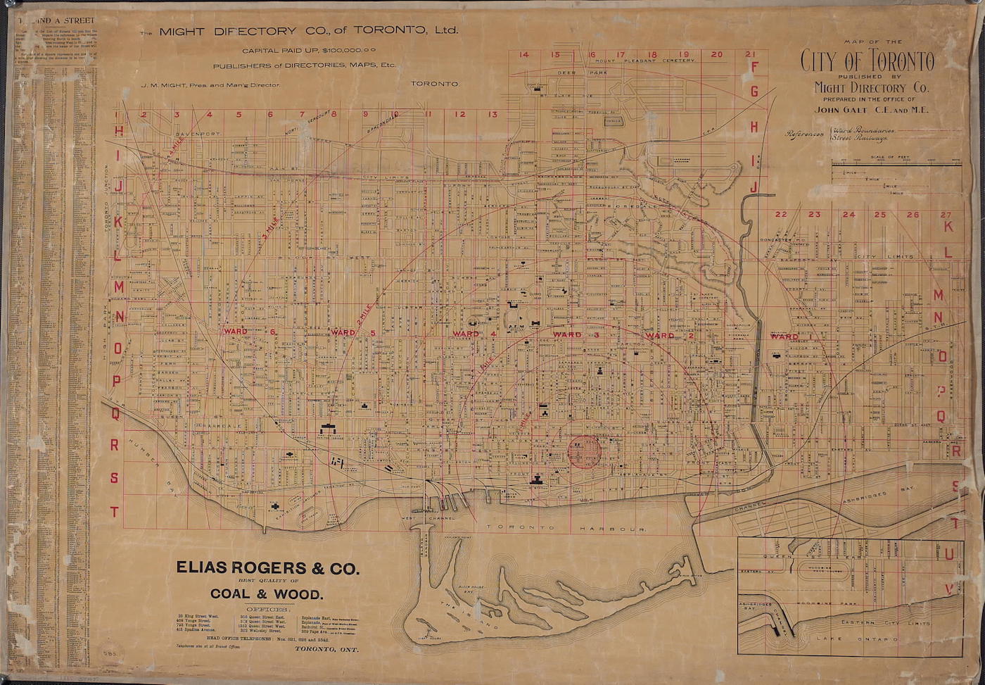 1895 - Map of the city of Toronto published by Might Directory Co. prepared in the office of John Galt, C. E. and M. E