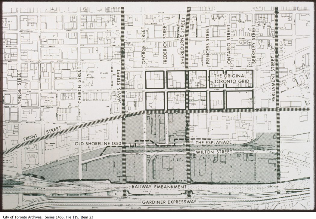 1980-98 - Map showing original Toronto street grid and shoreline