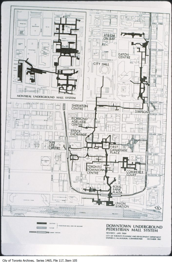 1984 - Map of downtown underground pedestrian mall system - Vintage Toronto Maps