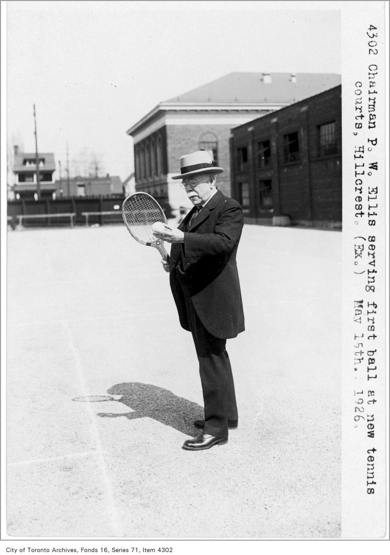 1926 - may 15 - Chairman P.W. Ellis, serving first ball, at new tennis courts, Hillcrest