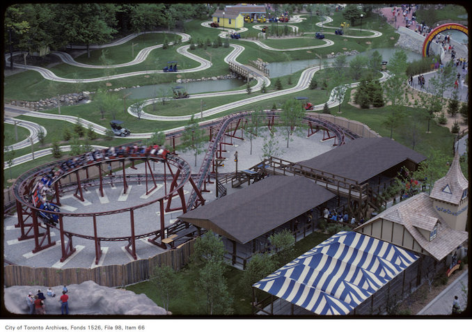 1981 - june 8 - Slight overhead view of roller coaster tracks at Canada's Wonderland