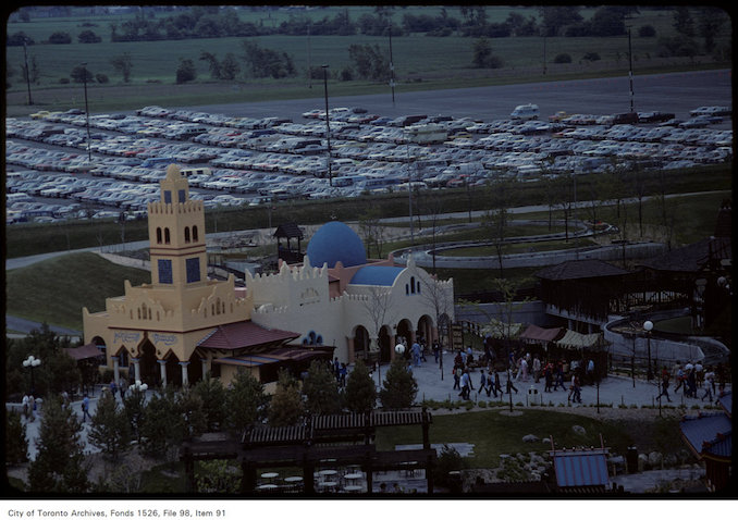 1981 - june 8 - View of castle on Canada's Wonderland grounds and surrounding area including parking lot