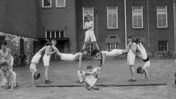 Junior Vocational School, pyramid by gym class. - April 16, 1930